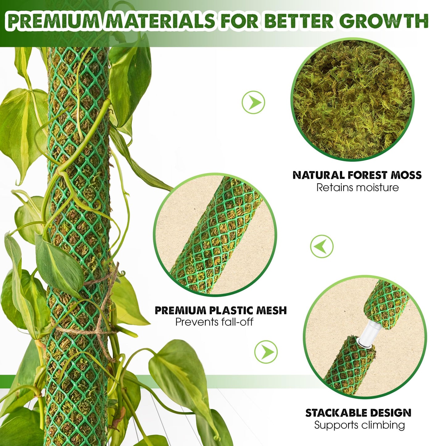 DUSPRO 4 Pack 22" Green Stackable Mesh Moss Pole for Plants – Extendable Up to 71", Natural Forest Moss Pole Monstera Plant Support, Moss Stick for Climbing Plants, Indoor Plant Stakes Accessories
