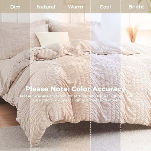 HYMOKEGE King Comforter Set - Beige Oversized 7-Piece Seersucker Luxury Bedding | All-Season Comforter, Sheets & Pillowcases
