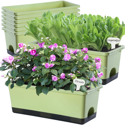 Oliz Window Box Planter 8 Pcs, 17 Inches Rectangle Flower Pots with Drainage Holes & Trays, Vegetable Planters for Windowsill Patio Garden Balcony Home Indoor Outdoor (Light Green, 16 * 7 * 6 inch)