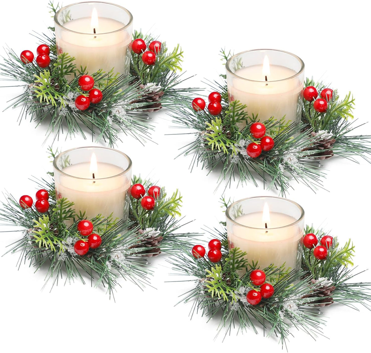 Regine Switzerland Christmas Candle Ring Set - 4 Pcs Votive Candles with Red Berry & Pinecone | Holiday Table Centerpiece Decor