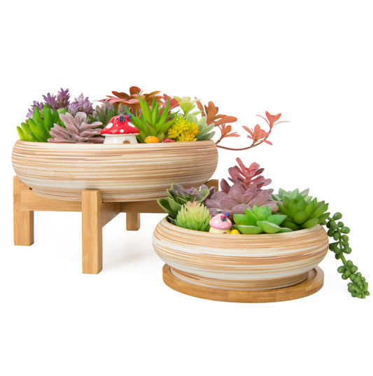 Succulent Pots - 7.3/10 Inch Large Plant Pot Ceramic Bonsai Planter with Drainage Tray, Shallow Planters for Succulents Cactus Flower Small Plants Birthday Gifts for Women