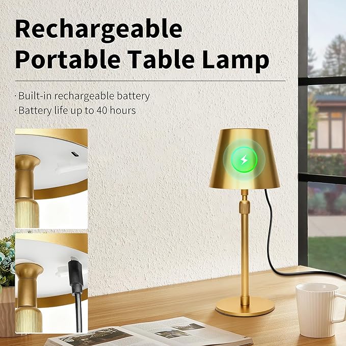 Mr.White Outdoor Waterproof Rechargeable Cordless Table Lamp with Telescopic Pole & Wicker Shade, 5200mAh Battery Operated Table Light with Touch Control, for Patio Restaurant Kitchen (Gold 2 Pack)