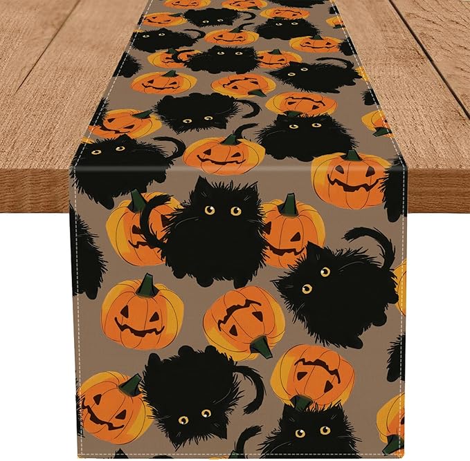 Halloween Table Runner Black Cat Pumpkins Seasonal Kitchen Dining Table Home Outdoor Party Decorations 13x60 Inch