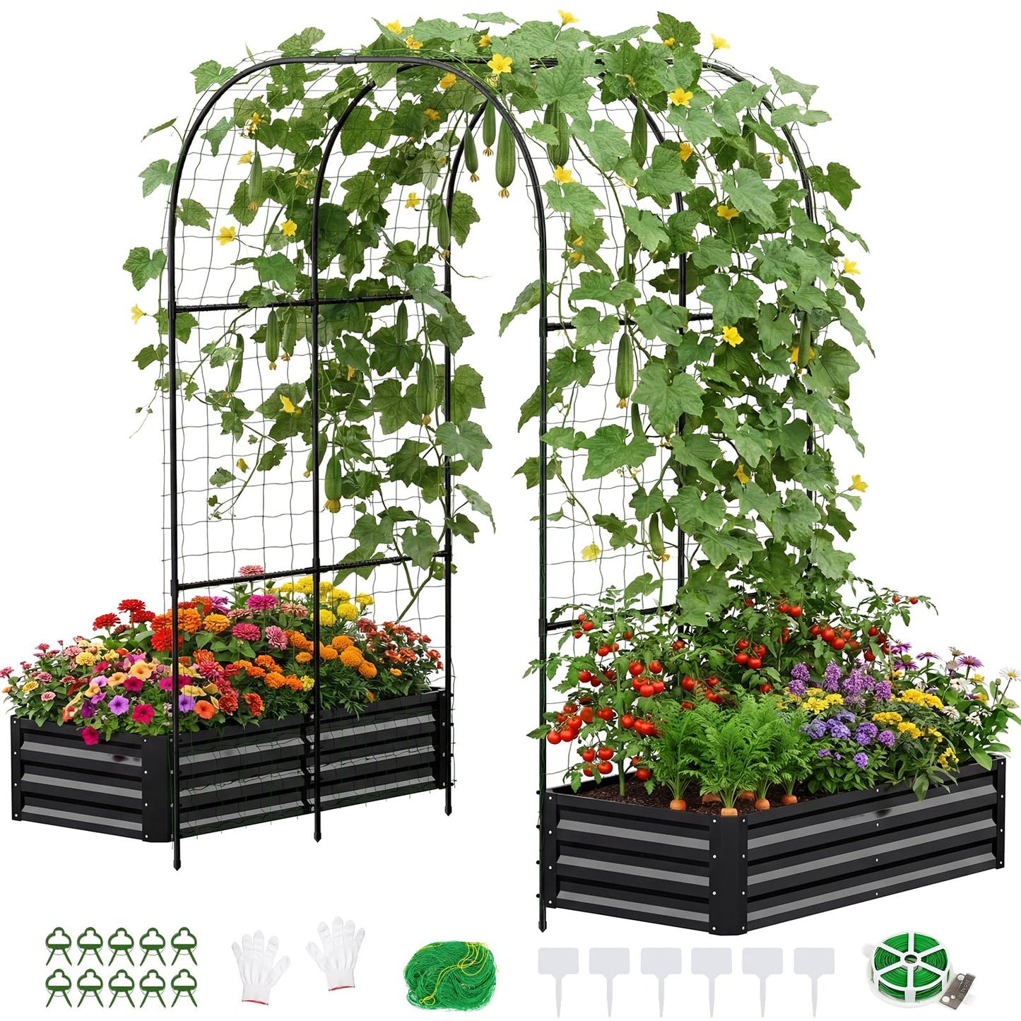 DoCred 3 in 1 Raised Garden Bed with 87in Tall Arch Trellis for Climbing Plants, Galvanized Planter Garden Box Outdoor for Gardening, Climbing Vegetables, Flower, Black