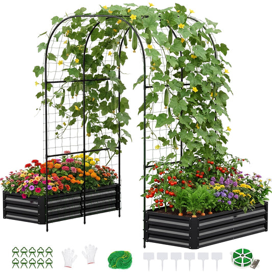 DoCred 3 in 1 Raised Garden Bed with 87in Tall Arch Trellis for Climbing Plants, Galvanized Planter Garden Box Outdoor for Gardening, Climbing Vegetables, Flower, Black