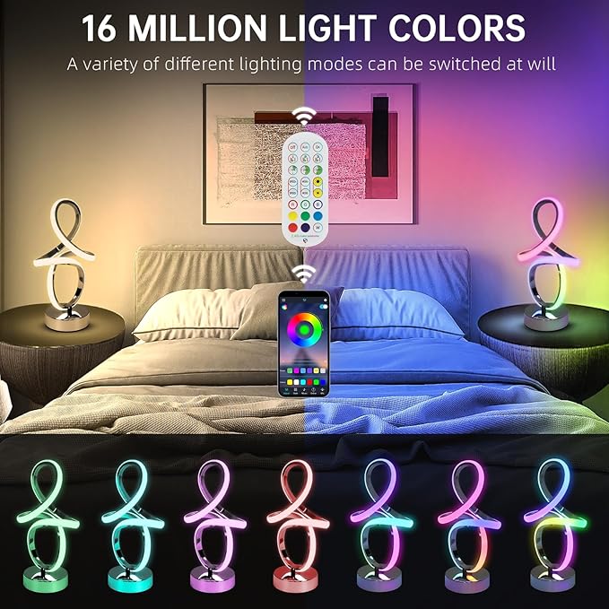 Modern RGB Table Lamps, Multicolor Changing Spiral Bedside Lamp with Remote&APP, Cool Table Lamp, Dimmable LED Nightstand Lamp with Music Rhythm Modes for Bedroom, Living Room, Black(2 Pack)