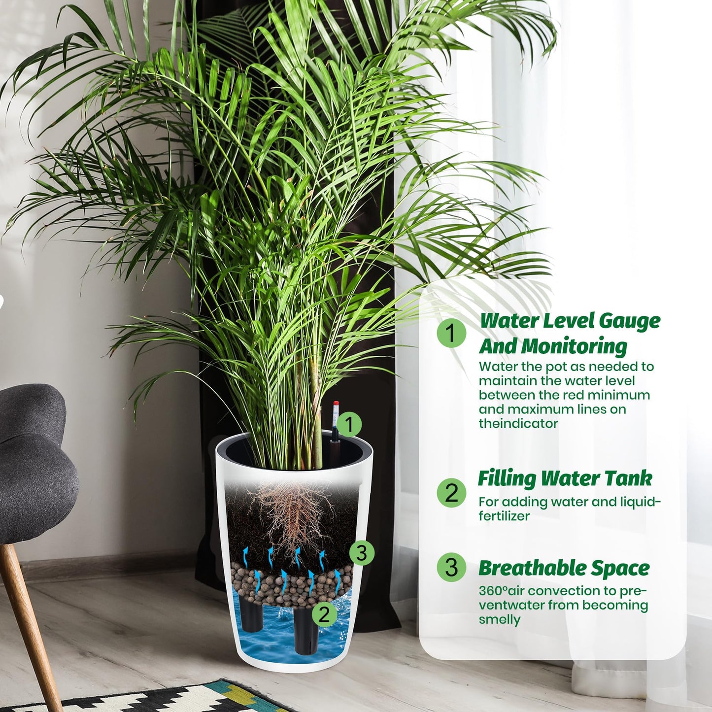 16" Tall Planter Set of 4, Self Watering Pots, Large Planter for Indoor Outdoor Plants, Built-in Drainage and a Water Level Monitor, Tall Planters for Patio, Porch, Living Room, Home Office, White