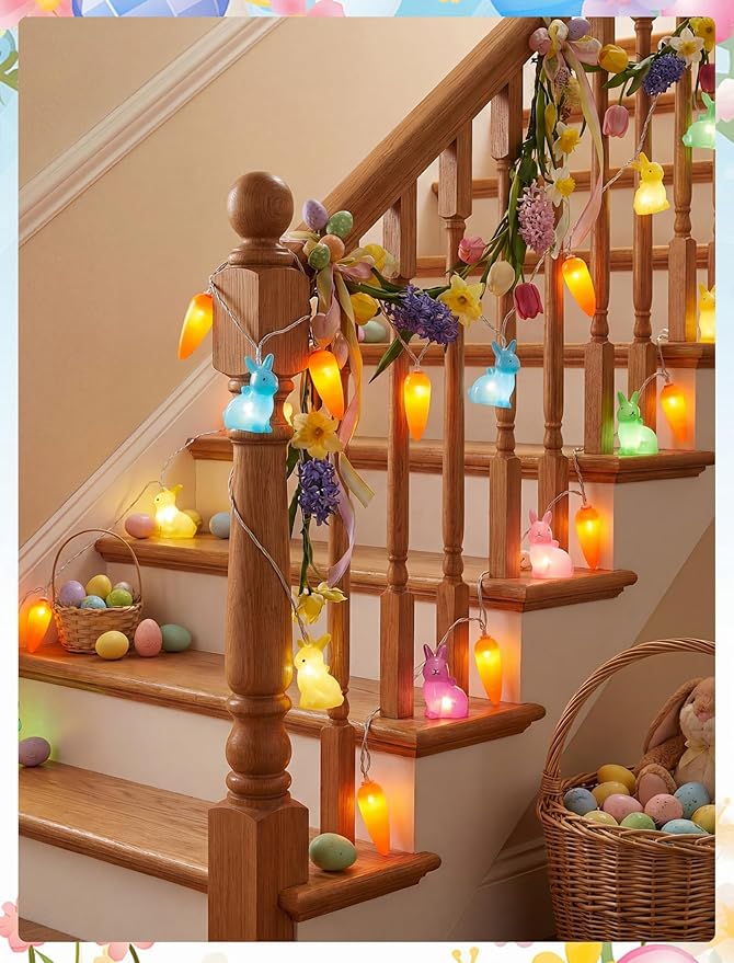Easter Bunny Carrot String Lights, 8.5ft 10 Count Connectable Plug in Rabbit Light, UL Certified Multicolor Decor for Kids Bedroom Easter Tree Window Spring Holiday