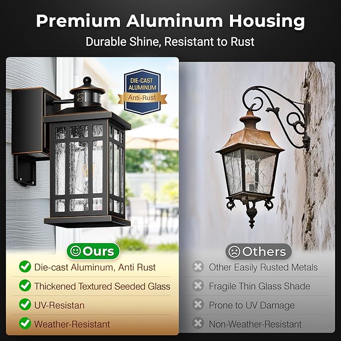 Motion Sensor Outdoor Lights Wall Mount with GFCI Outlet, Dusk to Dawn Exterior Light Fixture, 100% Anti-Rust Aluminum Waterproof Outside Wall Lighting for House, Black 2-Pack, Non-Solar