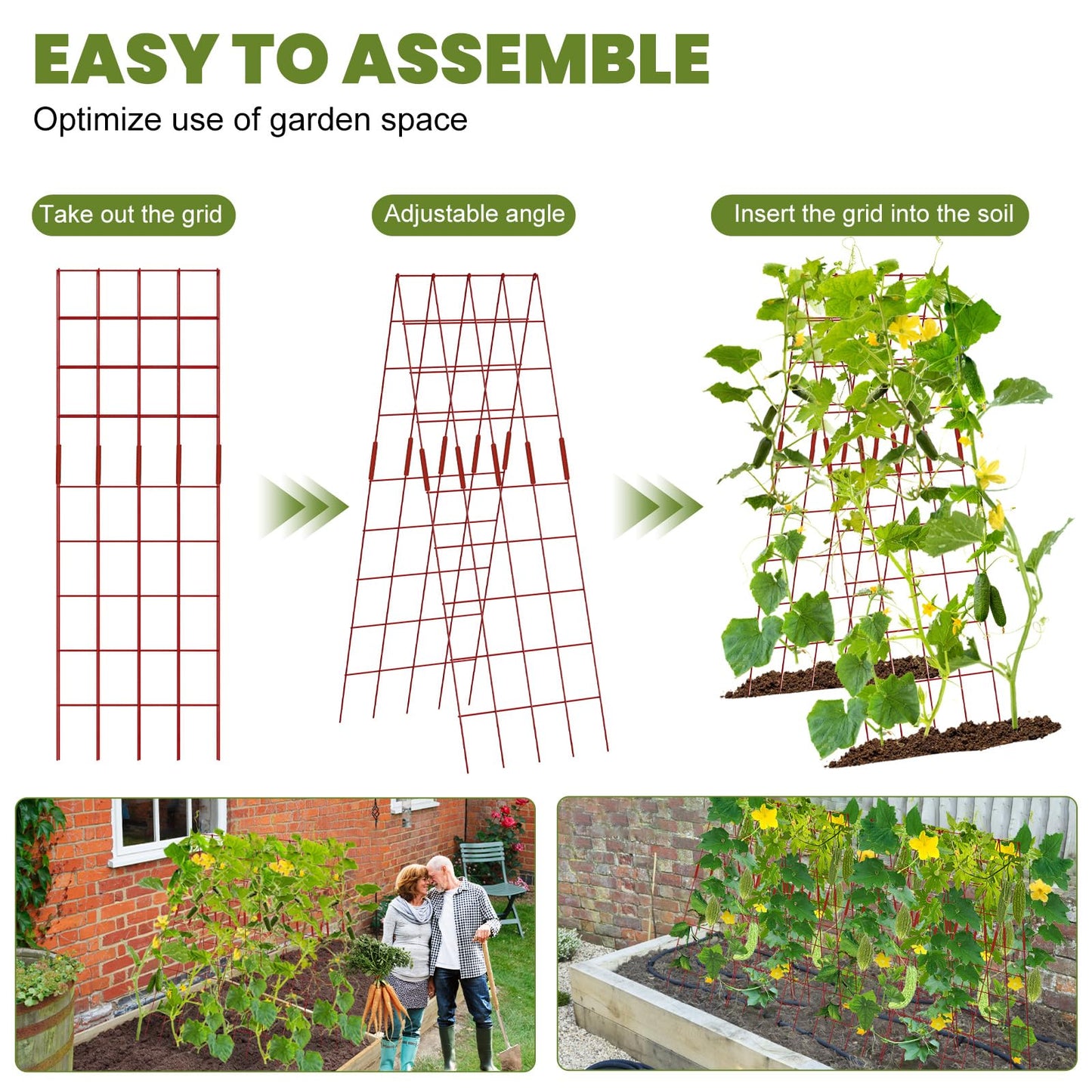 UrGROWA Cucumber Trellis 2 Pack, 59" H Foldable A-Frame Garden Trellis for Raised Bed Garden Grow Support with Plant Support Clips, Twist Ties for Cucumber,Tomato, Climbing Plants and Flowers