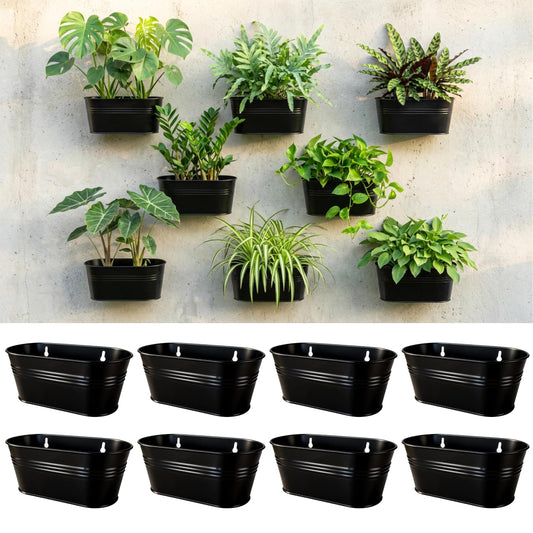 LaLaGreen Wall Planter (9.8 Inch, 8 Pack) Black Oval Metal Hanging Decor Plant Holder Indoor Wall Planters for Indoor Plants Porch Plants Balcony Decoration Mounted Window Planters Pots Pot Baskets