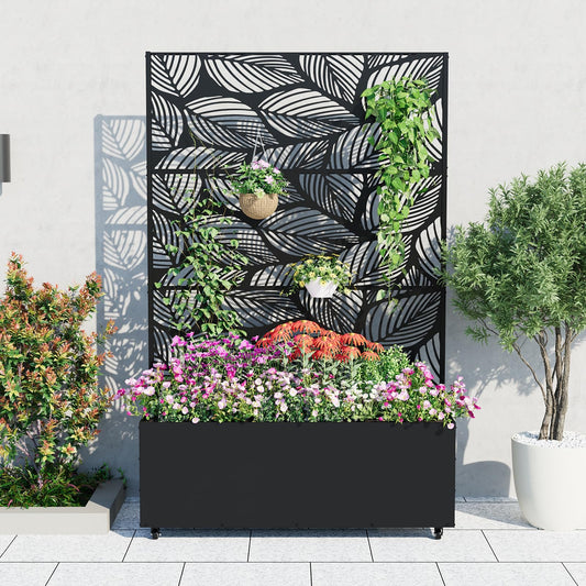 GarveeLife Metal Planter Box with Trellis and Wheels, 71"x47"x16" Raised Garden Bed for Climbing Plants, Vegetables, Vines, Privacy Planters for Patio with Drainage Holes, 15.7" Deep Planting Bed