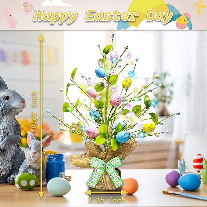 Lighted Easter Decorations 20'' Egg Tree for Tabletop Decor, Timer Egg Tree Ornaments, Easter Artificial Tree for Centerpiece Table Indoor Outdoor Spring Home Decorations