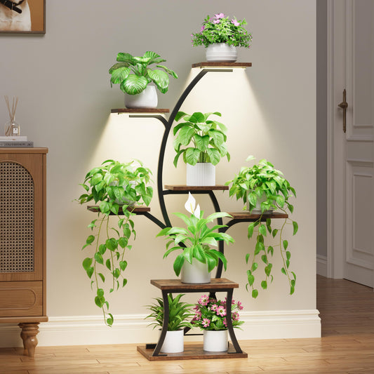 BEVAURORA Plant Stand Indoor with Grow Lights - 7 Tiered Indoor Plant Shelf, 44" Corner Plant Stands for Indoor Plants Multiple, Metal Plant Shelves, Curved Plant Holder Rack for Home, Black & Brown