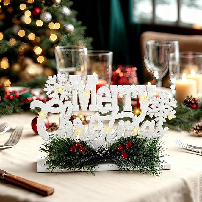 Leinuosen Merry Christmas Sign Wooden Christmas Table Sign with Holly and LED Light White Xmas Wooden Table Centerpiece for Mantel Fireplace Shelf Xmas Party Home Tabletop Decoration