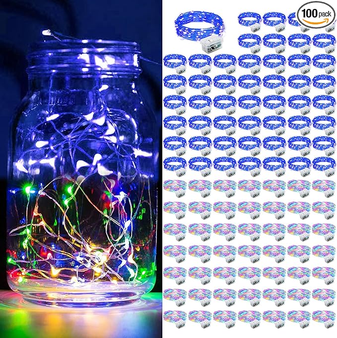 100 Pack Fairy Lights 7Ft 20 LED Twinkle String Lights Battery Operated Waterproof Firefly Starry for Mason Jar Party Wedding Christmas Valentines Day,Rainbow + Blue