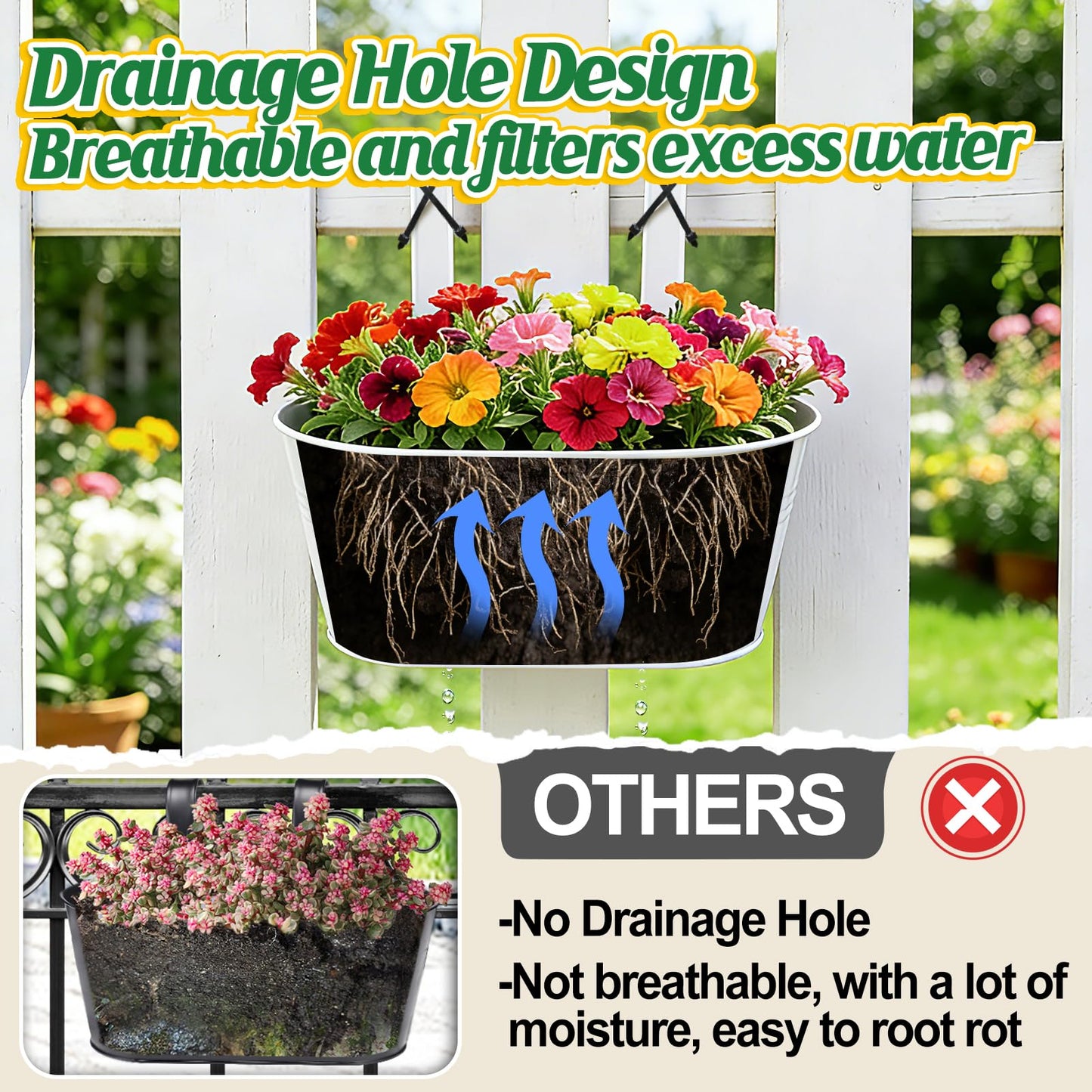 MADHOLLY Railing Planter with Drainage Holes - Sturdy Bucket Pots for Railing Fence, Countryside Style Metal Flower Pots for Herbs Balcony Garden Yard Decor, 4Pcs, White