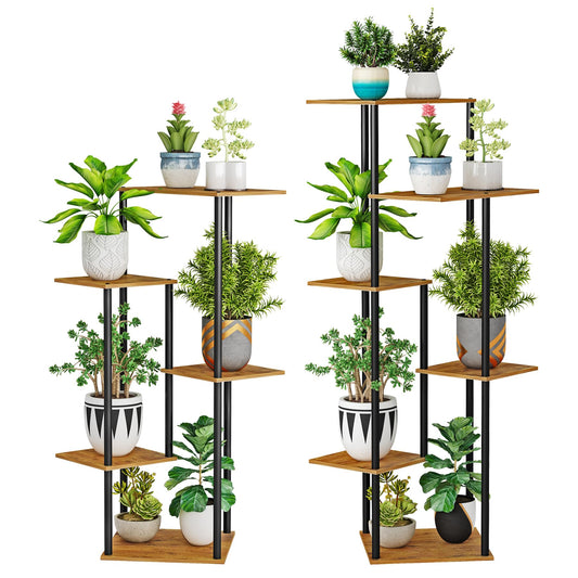 HAYOFAMY 5 Tier Plant Stand Indoor, Tall Plant Shelf Metal Wood Multiple, Flower Pot Holder for Living Room Office Balcony Patio, Rustic Brown