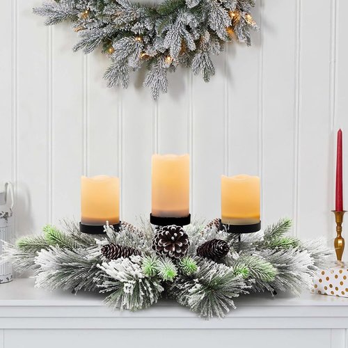 Handcrafted Christmas Centerpiece by [Brand Name] - Snowy Pine Cones & Candle Holders for Dining Table | 27.5 in