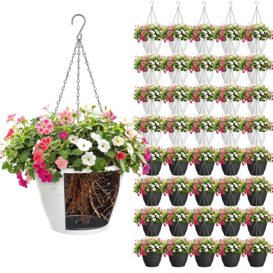 Romooa 40 Pcs 10 Inch Plastic Self Watering Hanging Planters Bulk Hanging Baskets for Plants Indoor Outdoor with Drainage Holes and Chain Plant Pot for Garden, Balcony, Porch, Patio Decor