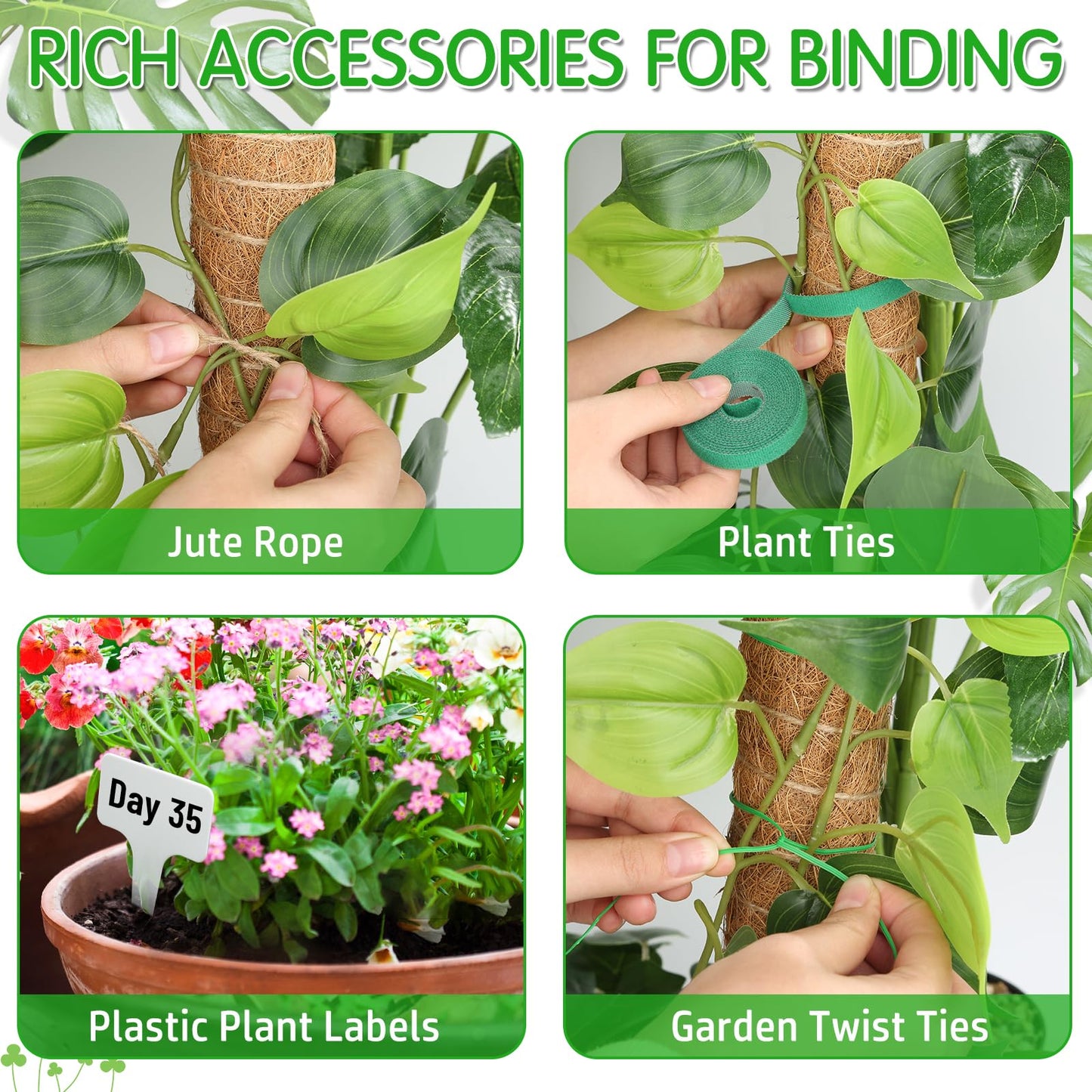 ROADPLUM 4 Pack 21.7" Coco Coir Poles, Stackable Plant Stakes Moss Pole for Plant Monstera with Twist Ties Plant Ties Labels Jute Rope, Plant Sticks Support for Climbing Plants Growth Indoor
