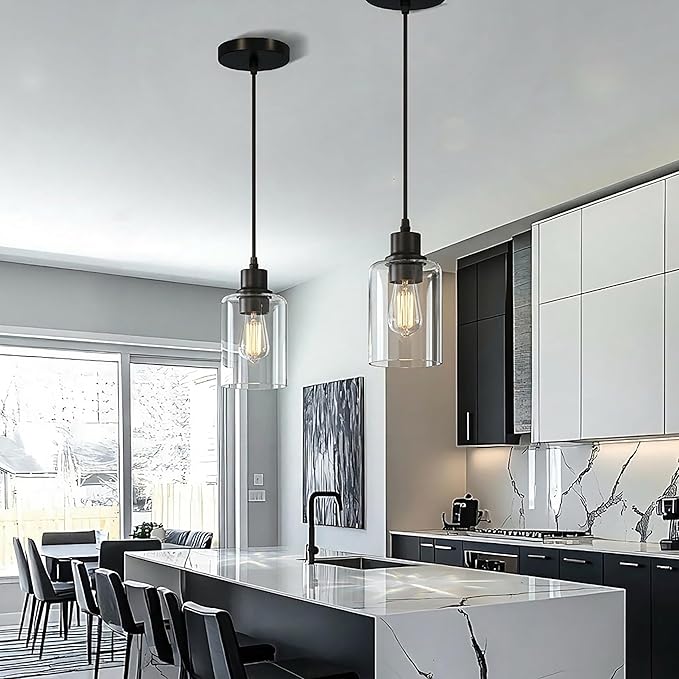 1Pack Pendant Lights Kitchen Island, Modern Industrial Pendant Light Fixtures with Glass Shade, E26 Socket Adjustable Cord for Bedroom, Dining Room,Living Room, Farmhouse Pendant Lighting
