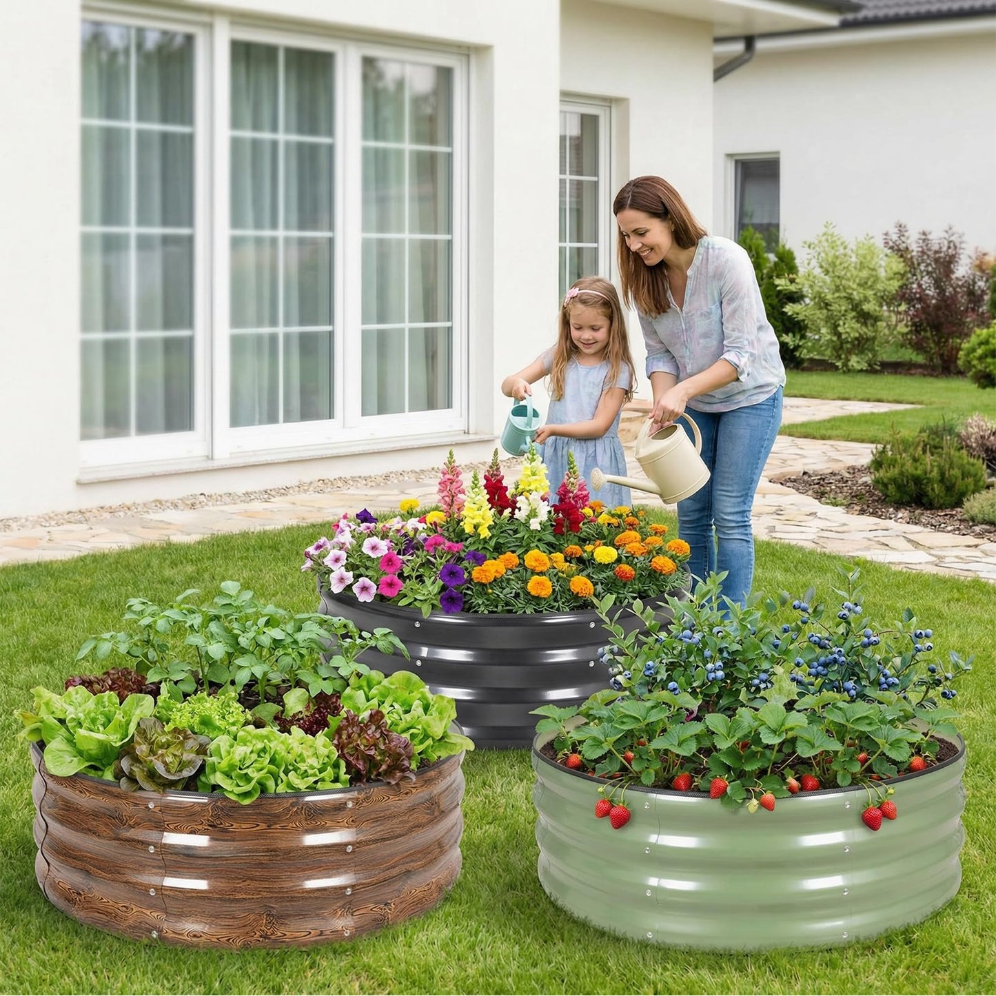 Permade Galvanized Raised Garden Bed- 2Pcs Metal Planter Boxes Outdoor | 12" Tall 36" Round Steel Raised Bed Kit & Fire Pit Ring for Gardening with Protective Tape for Vegetables (Wood Grain)