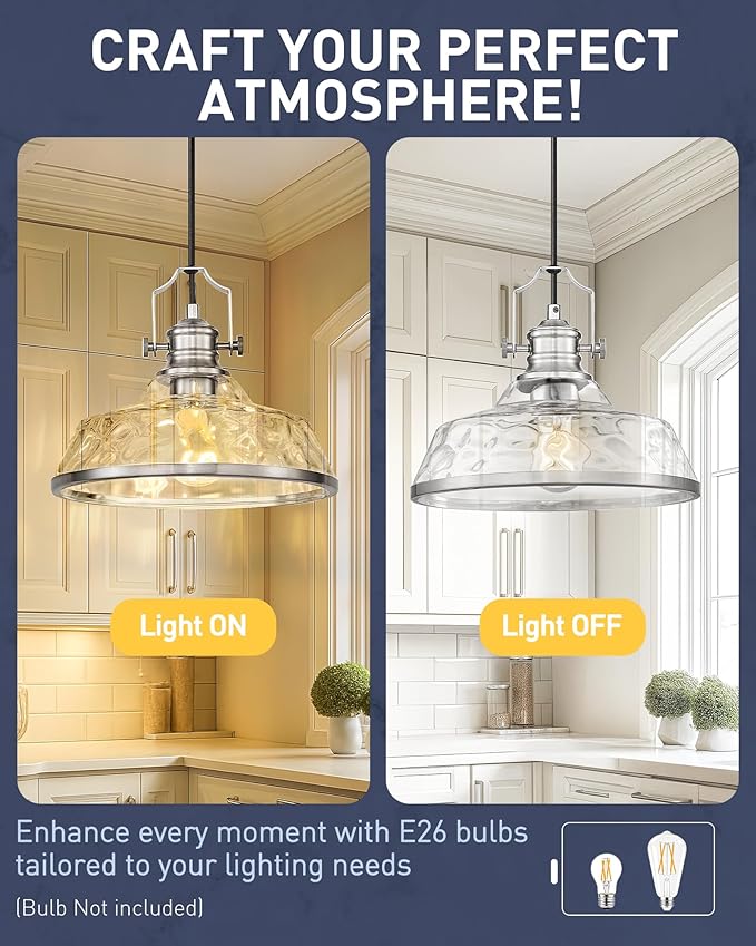 kudos 2 Pack Pendant Lights Kitchen Island, 11" Large Brushed Nickel Kitchen Island Lighting with Hammered Glass Shade, Industrial Hanging Light Fixture for Kitchen Sink Dining Room, KDPL13-BN-H-2PK