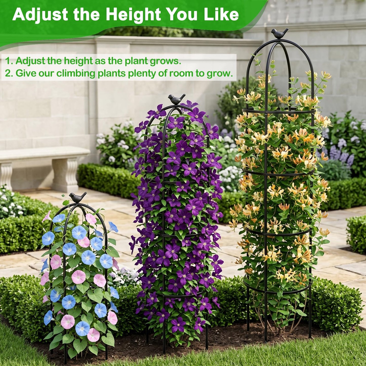 HEYTIMI 2 Pack 6 Ft Heavy Duty Metal Garden Obelisk Trellis for Climbing Plants, Rust‑Resistant Black Steel Vine Support for Rose Clematis Jasmine, Potted Flower Stand Indoor & Outdoor Decor (Spheres)