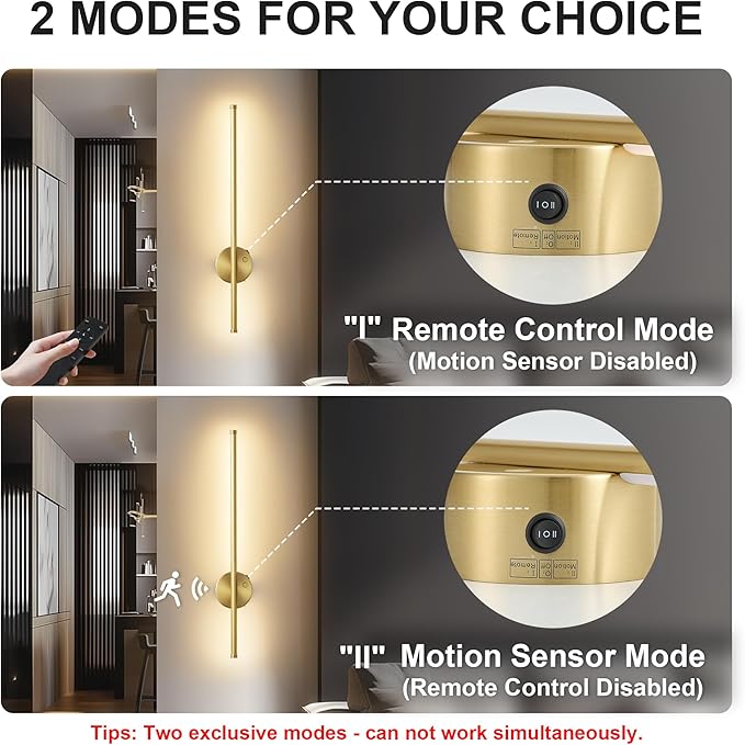 Motion Sensor Battery Operated Wall Sconce Set of Two - Modern Rechargeable Wireless Wall Lights with Remote Control, Dimmable, 3000K/4000K/6000K, Timer for Living Room, Hallway,23.6 Inch, Brass