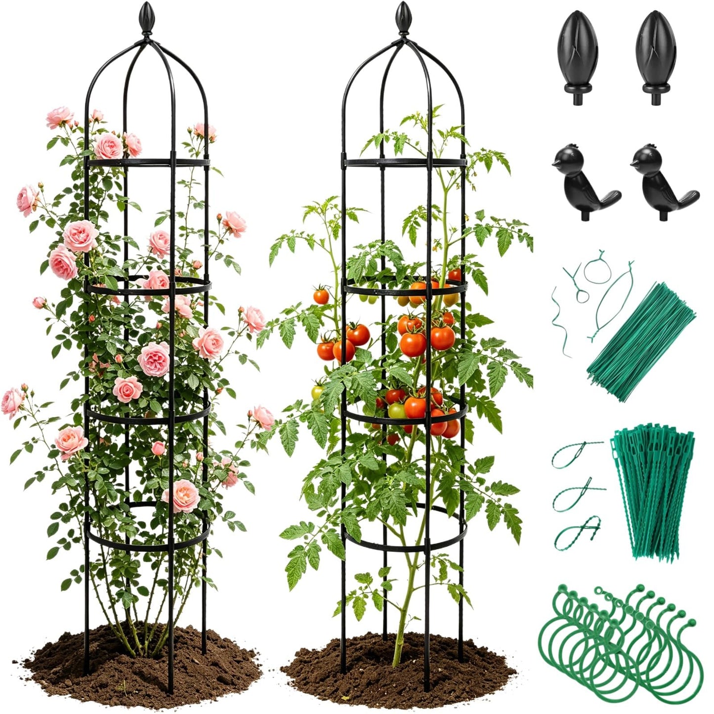 Jesosia 2 Pack Obelisk Trellis for Climbing Plants Outdoor - Heavy Duty Plastic Coated Steel Garden Arch Metal Trellis - Rustproof Tomato Cage Vertical Plant Support for Vines Vegetable Flower Indoor