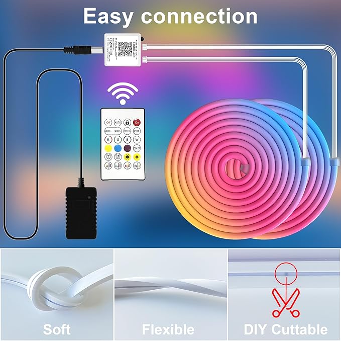 Cozylady 120Ft (60Ft * 2 Rolls) RGB LED Neon Rope Lights for Bedroom, 36m LED Strip Lamp with Double Sided Adhesive Tape, App/Remote Control DIY Lights Decorate The Outdoor and Indoor of Your Home