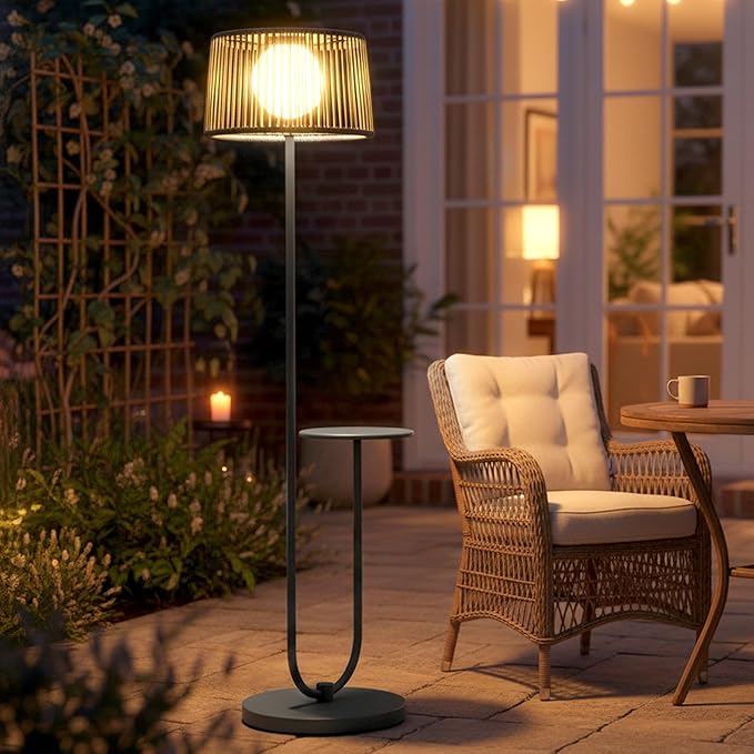 EcoGreen U-Shaped Solar Outdoor tanding Lamp with Table – 21×14×55 Inch Modern Outdoor Light, Solar Powered, 8H Warm Glow, Waterproof for Porch, Garden, Balcony(Gray, Single Pack)