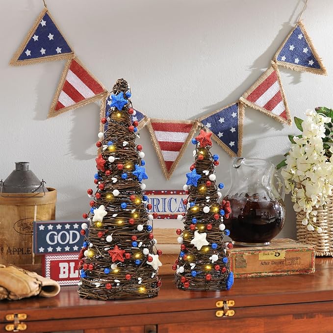 CRCZK 250 Anniversary USA Table Rattan Trees with LEDs, 4th of July Independence Day Table Centerpiece,Rustic Farmhouse Memorial Day Decorations 2PACK Red White Blue Patriotic Decorations