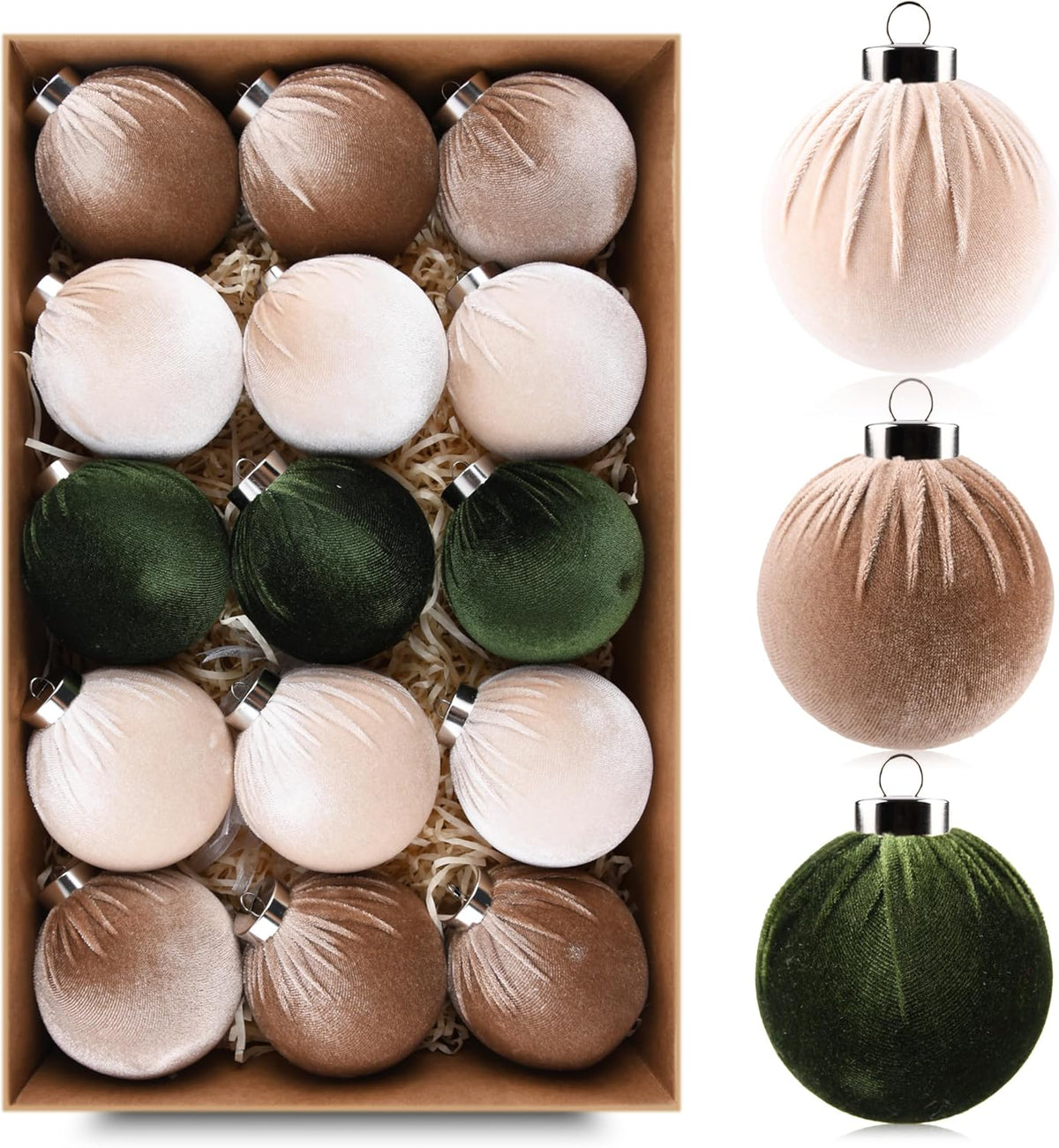 Skiennix Christmas Tree Ornaments - Velvet Shatterproof Balls Set of 15 - Multicolor Green, Brown, Neutral, 80mm