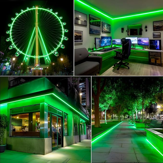 GZBtech Flexible LED Neon Rope Lights 16.4FT, 110-120V Waterproof Strip Light,120 LEDs/M Cuttable Connectable Neon Lighting for Indoor Outdoor Home Decor/Commercial Building Use-Green 5M, ETL Listed
