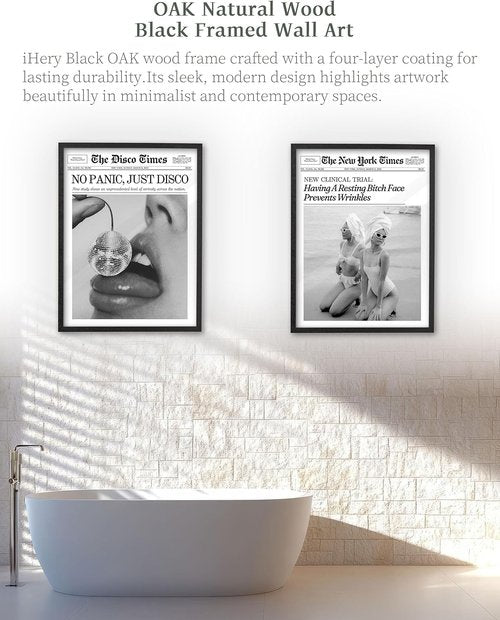 iHery Premium Black Oak Wood Wall Art - Trendy Framed Canvas Decor for Dorm & Living Room | 16x20in