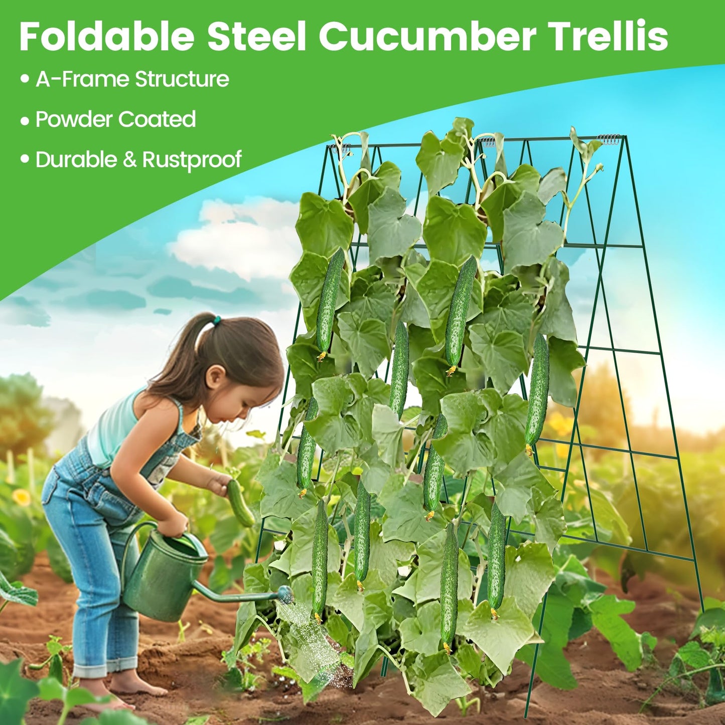 Toriexon Foldable Cucumber Trellis - 2 Pack, A-Frame Garden Trellis 46" L x 18" W, Steel Climbing Plants Support Raised Bed Trellis with Twist Ties & Plant Bags for Climbing Plants Outdoor