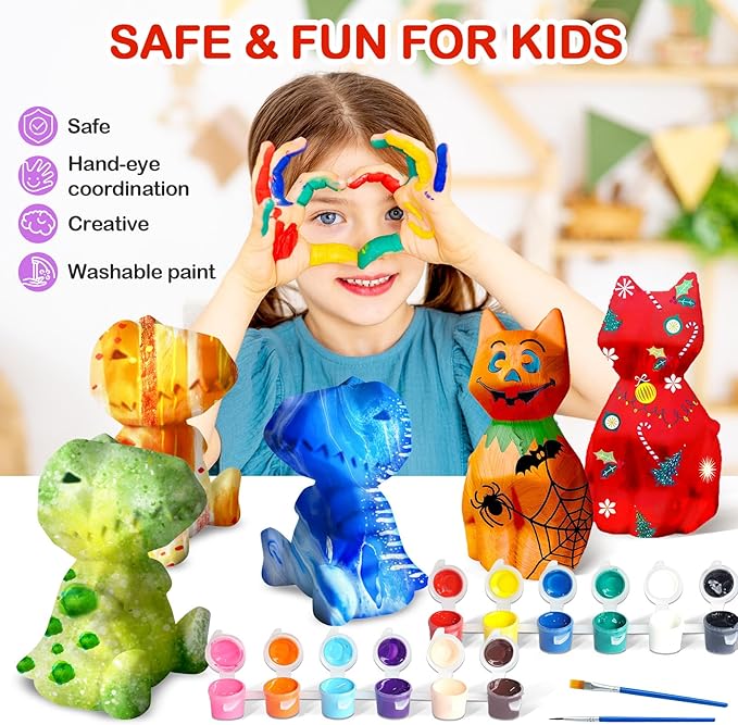 Goody King Paint Your Own Cat & Dinosaur Lamp Art Kit 2pcs, DIY Night Light, Christmas Crafts for Teens, Painting Kit for Girls Boys Age 4 5 6 7 8+, Art Supplies Cat Craft Gift for Birthday, Party