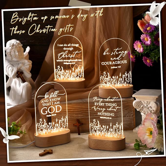 4 Pcs Christian Acrylic Night Light Bulk Mothers Day Religious Faith Church Gifts for Women Ladies Group Bible Verse Scripture LED Lamp with Wood Base for Easter Decor Men Clergy Pastor