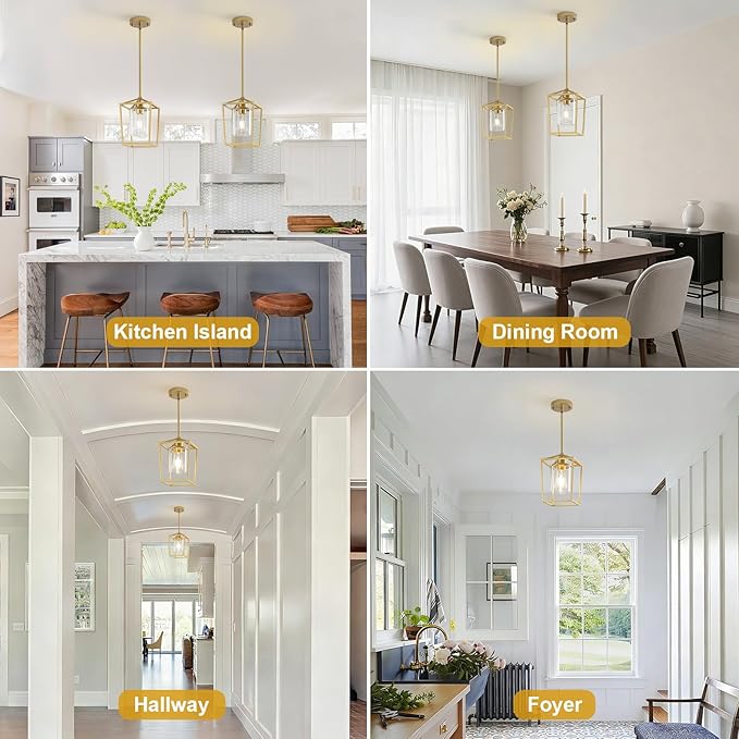 2 Pack Gold Pendant Lights Kitchen Island, Farmhouse Kitchen Pendant Light Fixtures, Metal Cage Island Lights with Clear Glass Shade for Kitchen, Entryway, Dining Room, Hallway