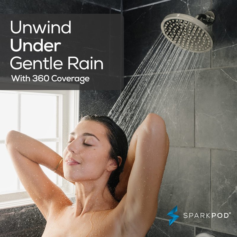 SparkPod Shower Head - High Pressure Rain - Premium Quality Luxury Design - Easy Clean Adjustable Replacement for Your Bathroom Shower Heads (Elegant Brushed Nickel, 8 Inch Round)