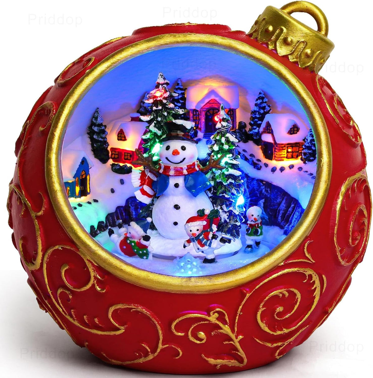 Priddop Animated Christmas Village Scene - Rotating Snowman with LED Lights & Music | USB/Battery Operated Collectible Figurines