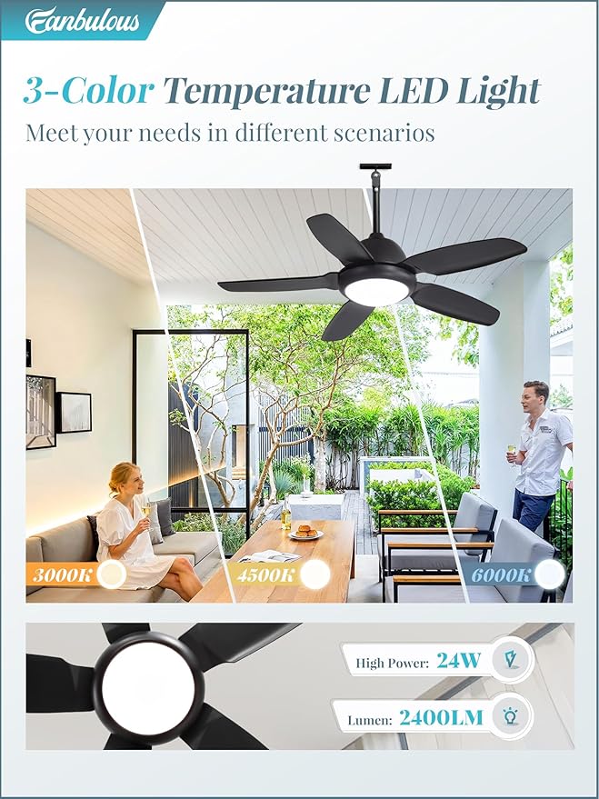 Fanbulous 42 Inch Waterproof Outdoor Ceiling Fan with Lights and Remote,IP65 Hanging Gazebo Fan with 3CCT 6-Speed DC Motor,Black Wet Rated Plug in Ceiling Fan with Cord for Patios Porch Pergola