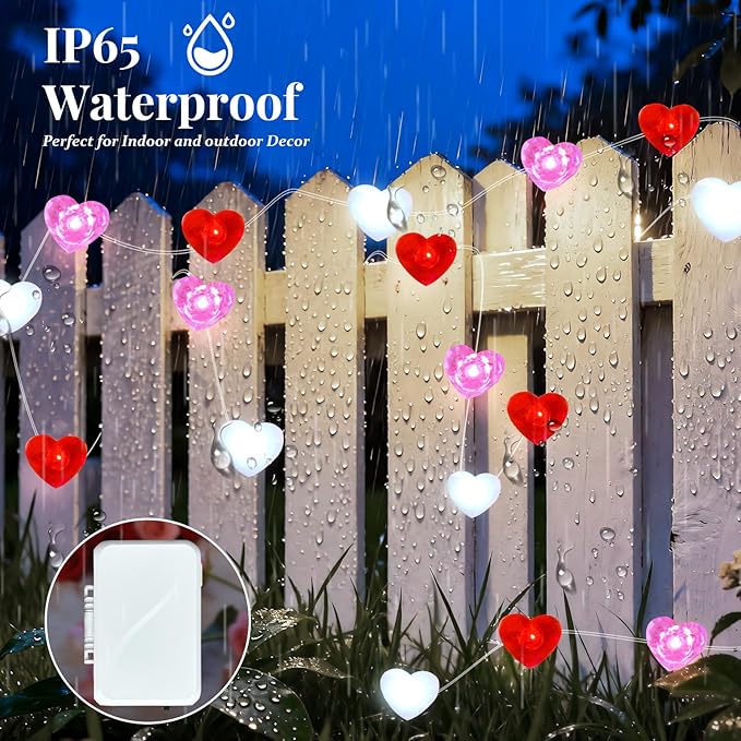 ZGWJ Valentines LED Fairy Lights, 1 Pack 50LED 16FT Red-White-Pink Heart String Lights Battery Operated,Waterproof Valentines Lights for Wedding Party,Mother's Day Indoor Outdoor Decoration