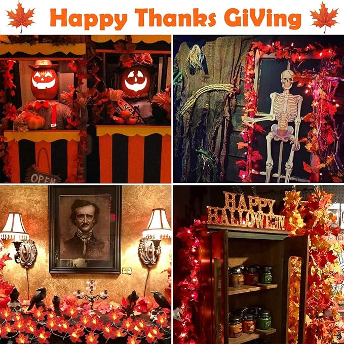 TURNMEON 6 Pack Fall Decor Enlarged Maples Leafed Garland, 60Ft 120LED Fall Decorations for Home Fall Lights, Battery Operated Waterproof Autumn Garland Halloween Thanksgiving Decor Indoor Outdoor