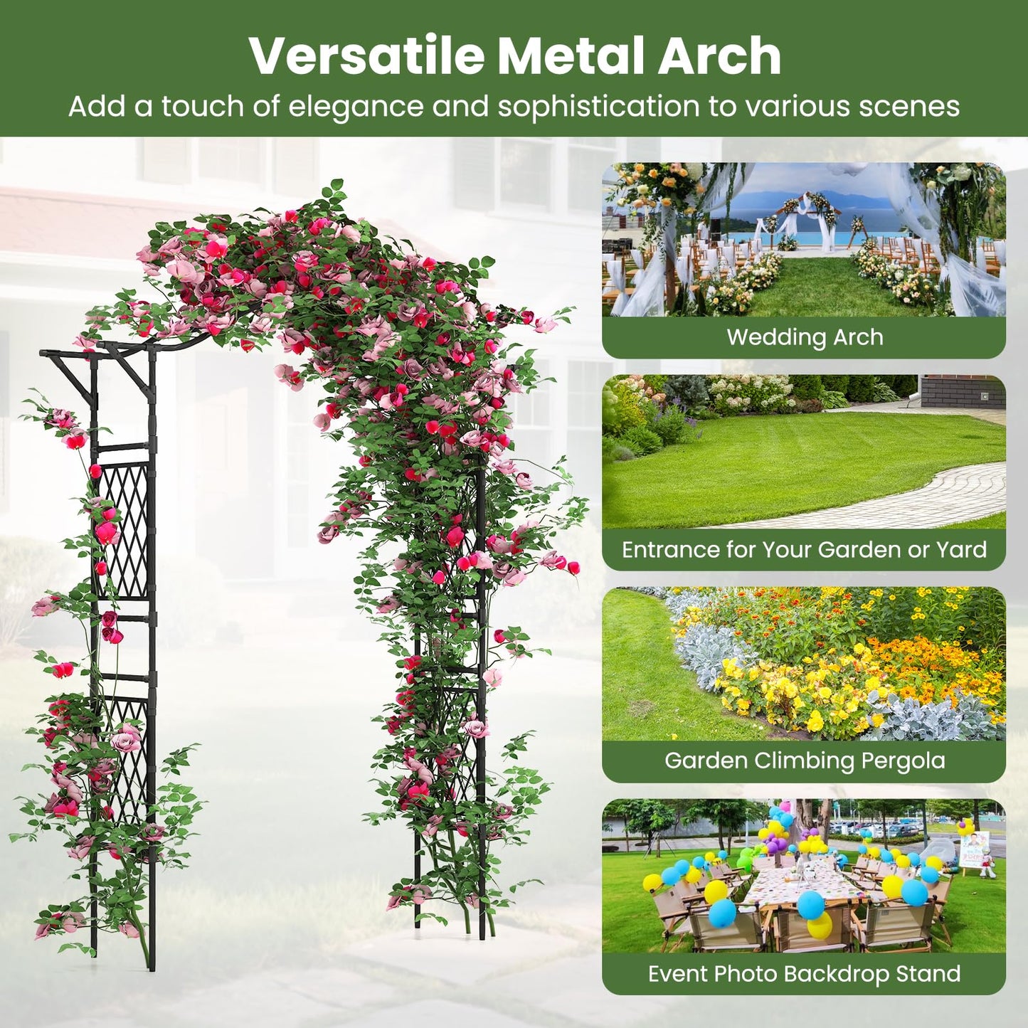 Giantex Garden Arch Trellis, 67''W x 83''H Metal Arbor with Corrugated PE-Coated Steel Tubes & Lattice Panels for Climbing Plants, Decorative Wedding Arch for Yard, Lawn, Party & Outdoor Events