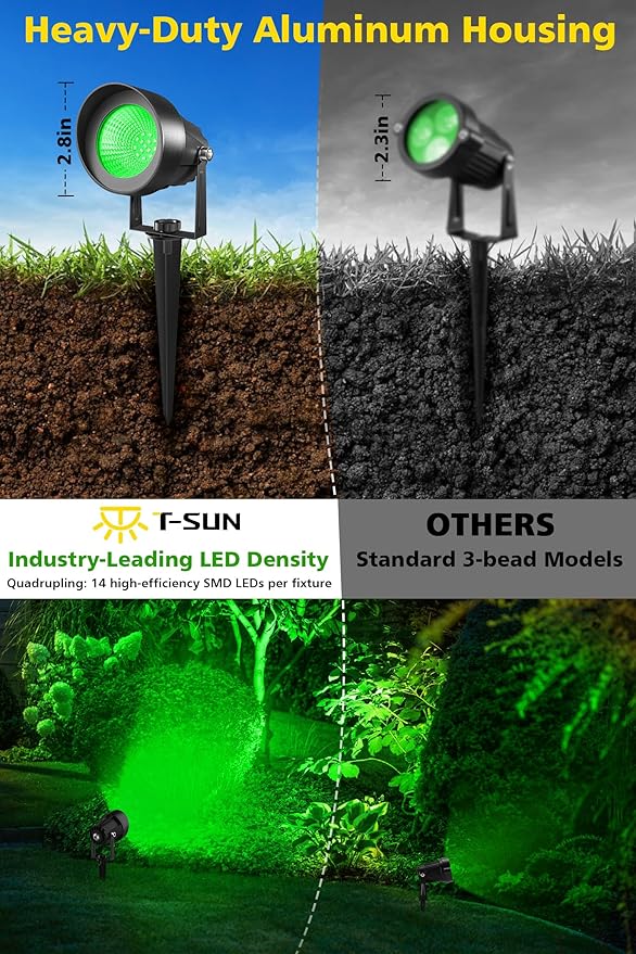 T-SUN Green Spotlight Outdoor, Waterproof LED Landscape Lighting with US Plug, Easy Install 270° Adjustable Outdoor Spot Lights for Garden Tree Yard Decor, 2 Pack