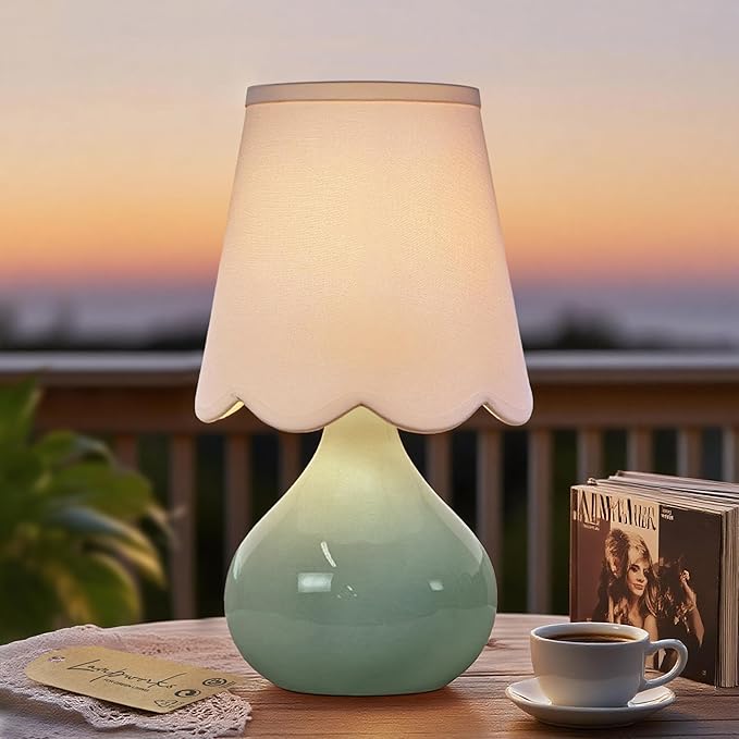 14''H Cordless LED Ambient Table Lamp, Rechargeable Ceramic Bedside Lamp with 3-Level Dimmable Soft Lighting, Linen Shade, Cozy Room Decor for Teens (Green)