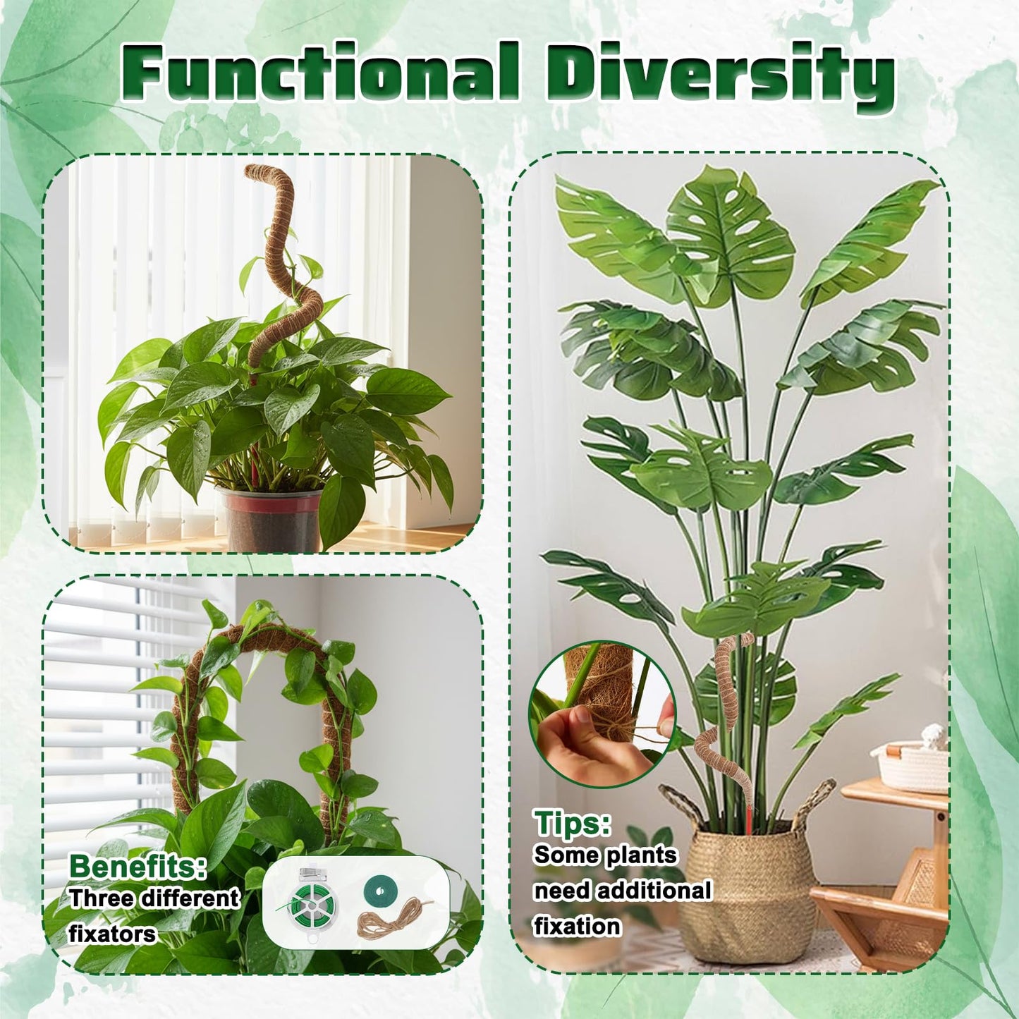 Afcabakila 4 Pcs Bendable Moss Pole for Monstera Plant Support, 24” Natural Handmade Coir Pole Stick for Climbing Plants Indoor Plant Stakes Real Moss Poles for Potted Plants to Grow Upwards